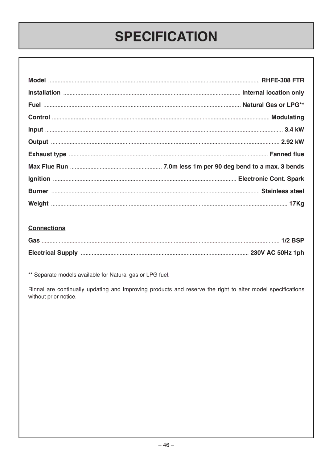 Rinnai RHFE-308 FTR user manual Specification 