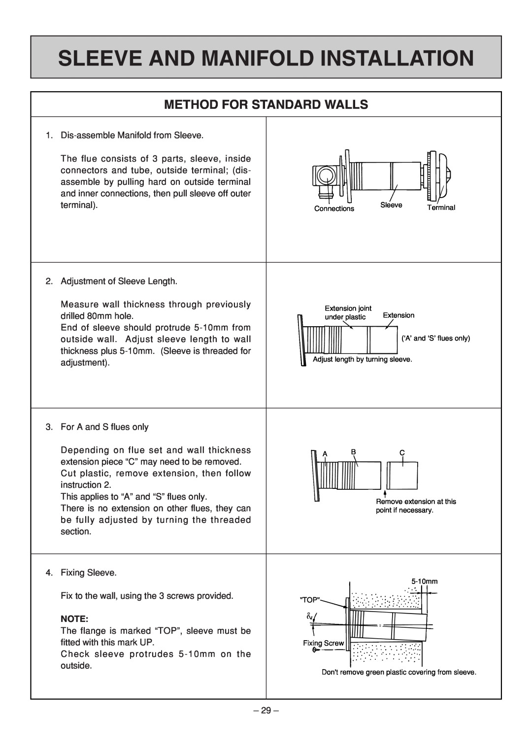 Rinnai RHFE-308 FTR user manual Sleeve And Manifold Installation, Method For Standard Walls 
