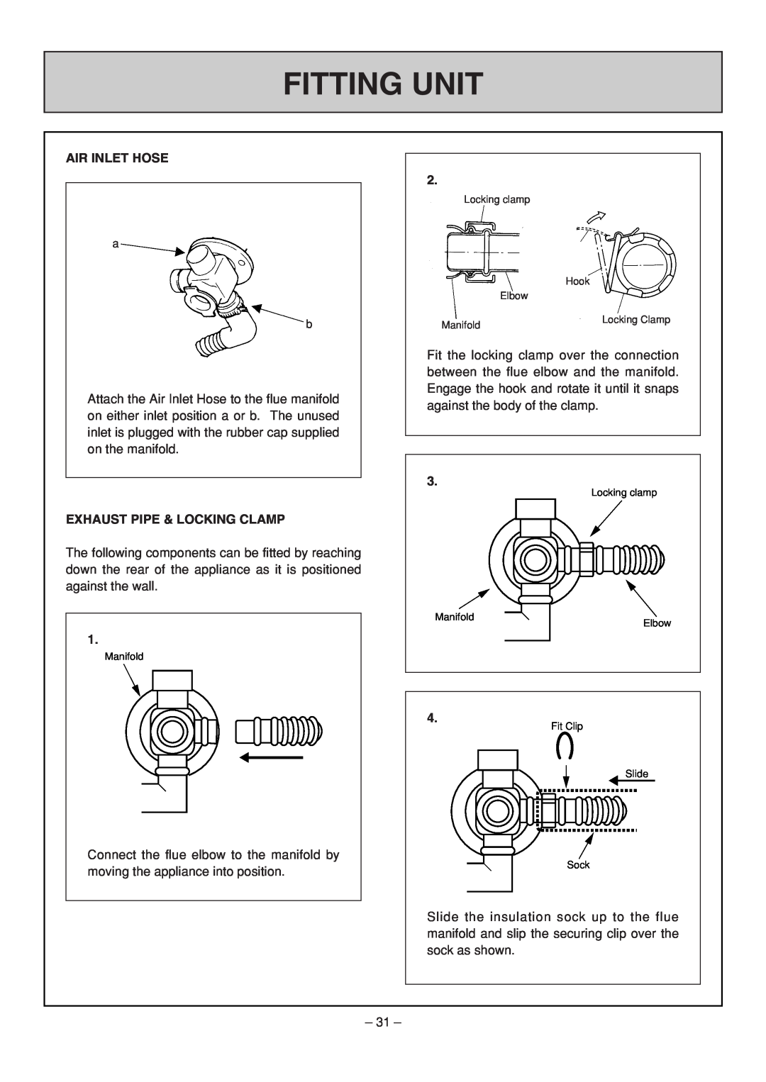 Rinnai RHFE-308 FTR user manual Fitting Unit, Air Inlet Hose, Exhaust Pipe & Locking Clamp 