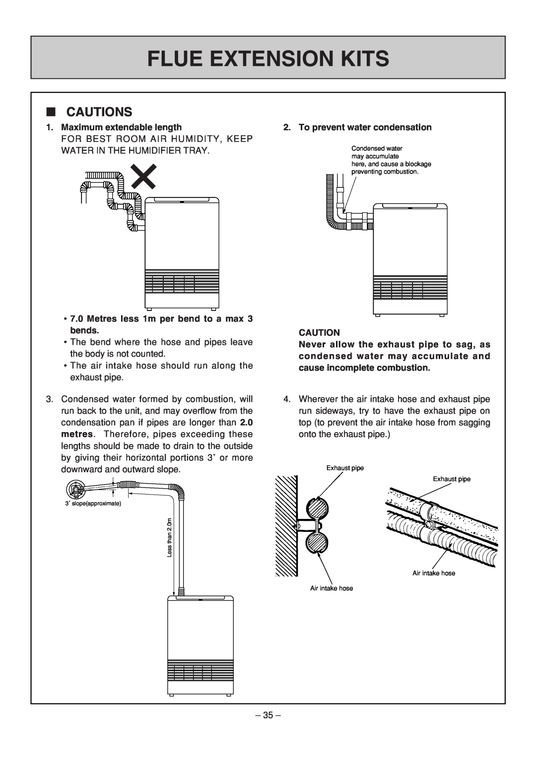 Rinnai RHFE-308 FTR Cautions, Flue Extension Kits, Maximum extendable length, Metres less 1m per bend to a max 3 bends 