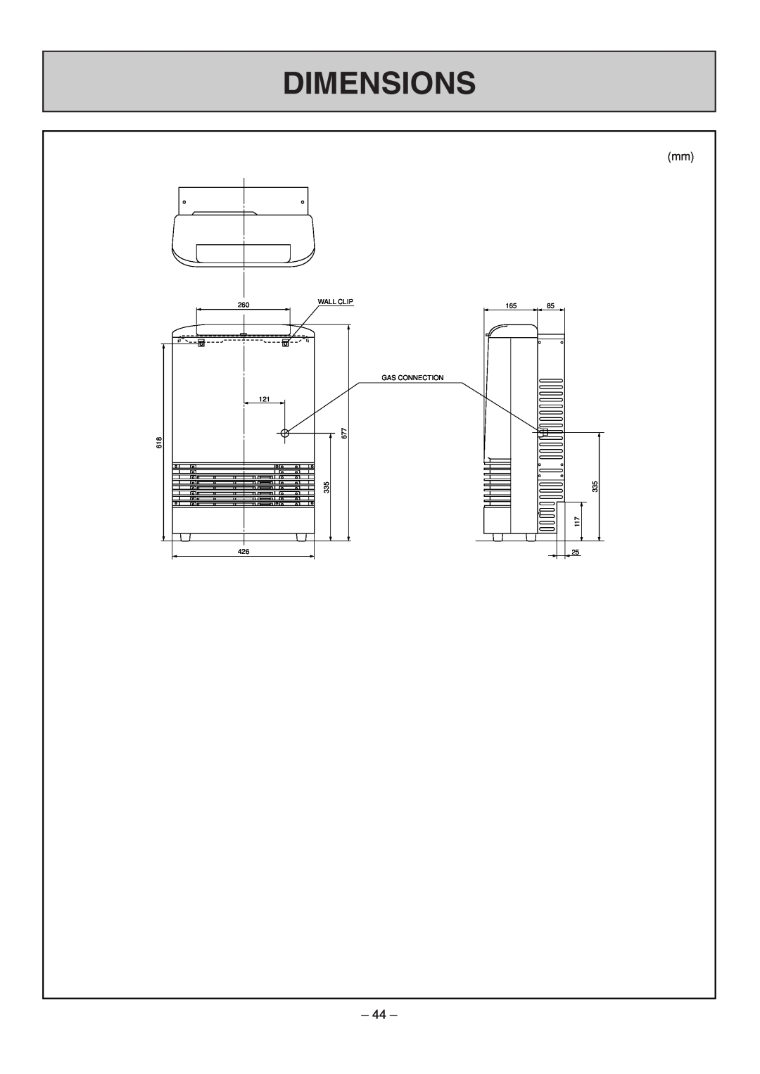 Rinnai RHFE-308 FTR user manual Dimensions, Gas Connection, 335, Wall Clip 