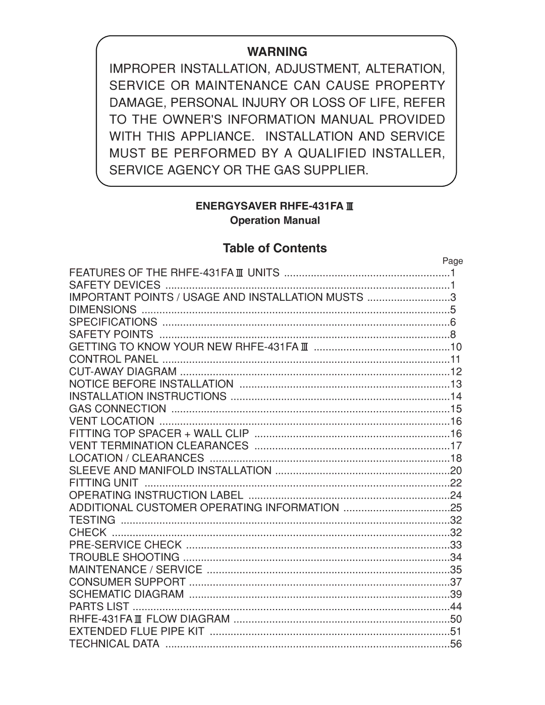 Rinnai RHFE-431FA installation manual Table of Contents 