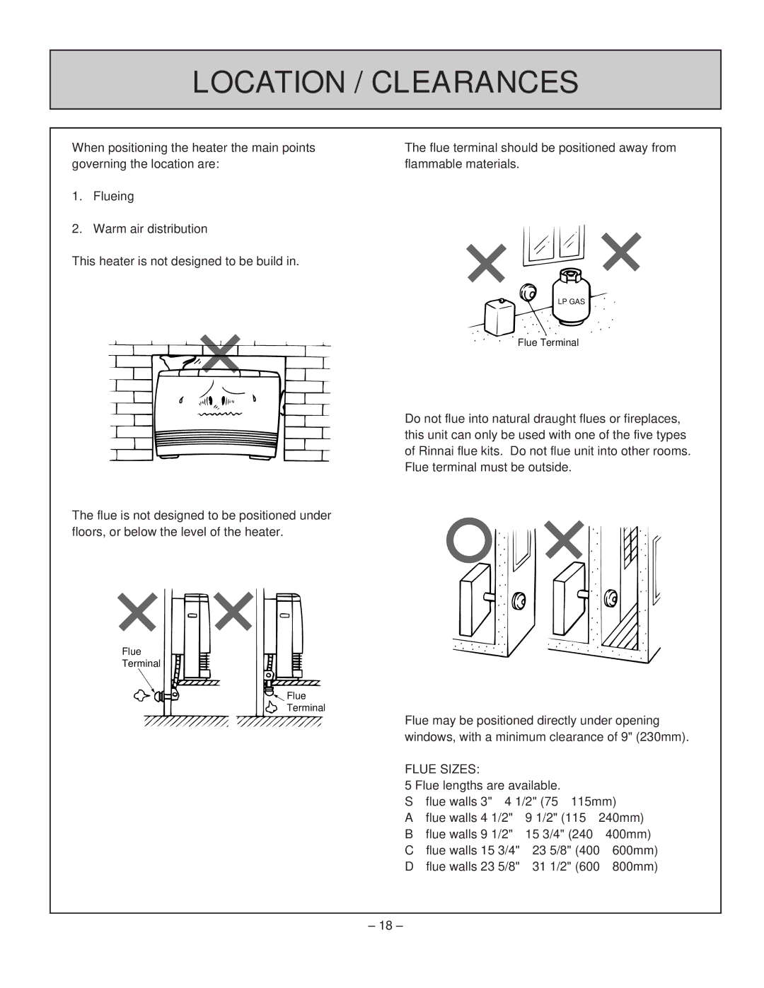 Rinnai RHFE-431FA installation manual Location / Clearances, Flue Sizes 