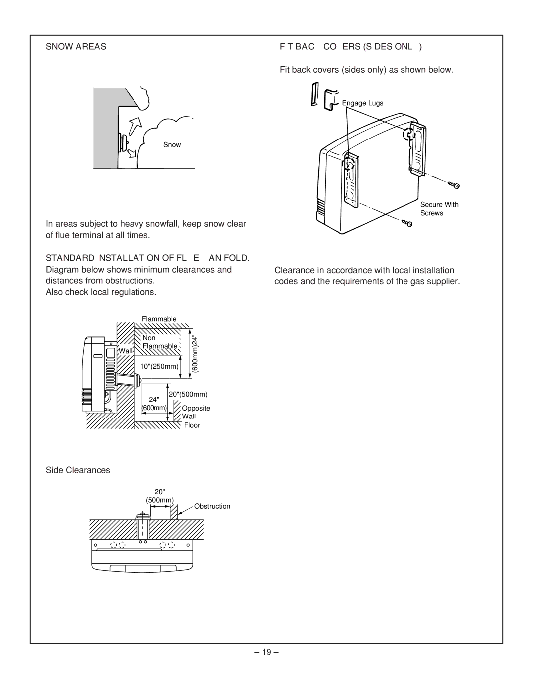 Rinnai RHFE-431FA installation manual Snow Areas, Standard Installation of Flue Manifold, FIT Back Covers Sides only 