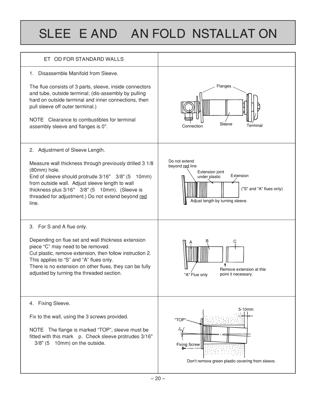 Rinnai RHFE-431FA installation manual Sleeve and Manifold Installation, Method for Standard Walls 