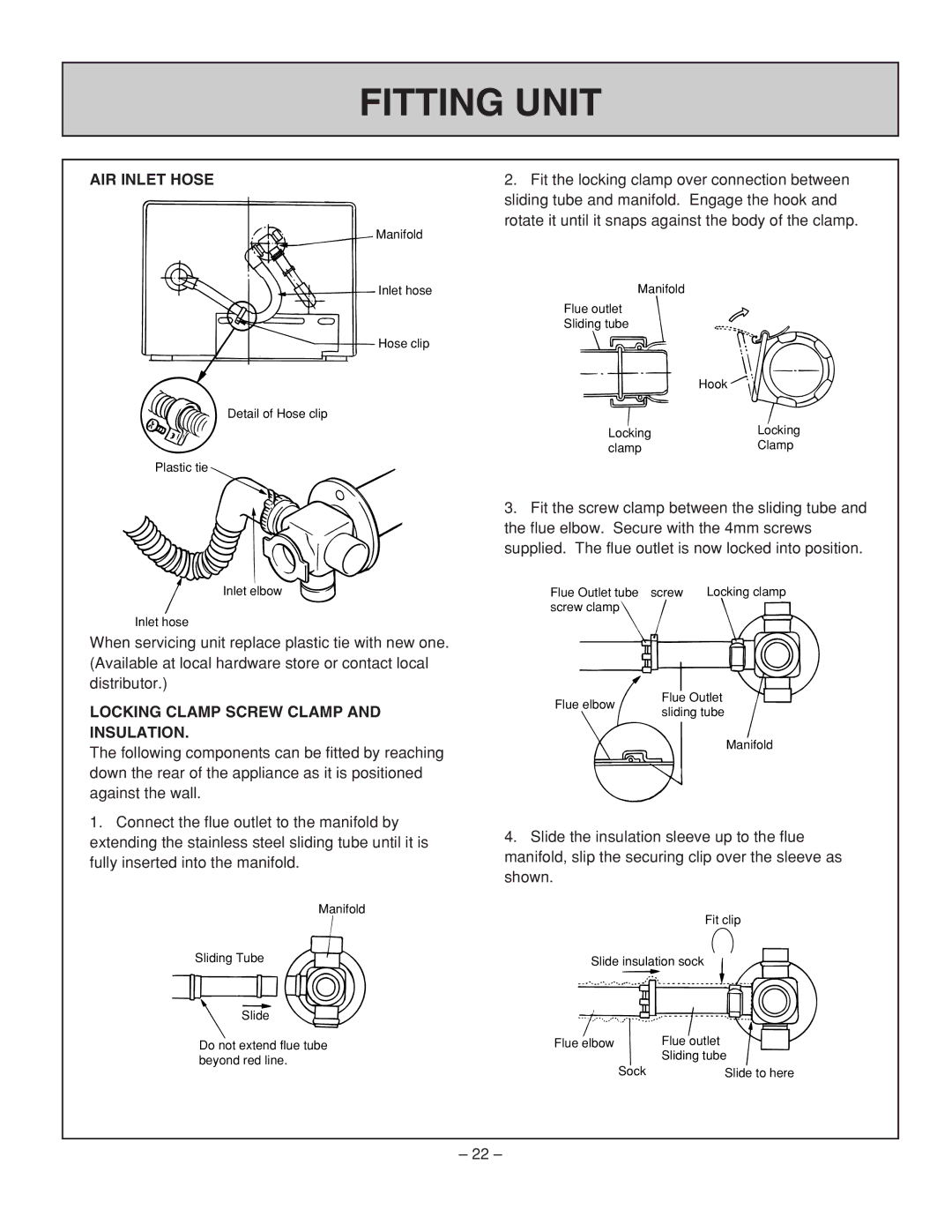 Rinnai RHFE-431FA installation manual Fitting Unit, AIR Inlet Hose, Locking Clamp Screw Clamp and Insulation 