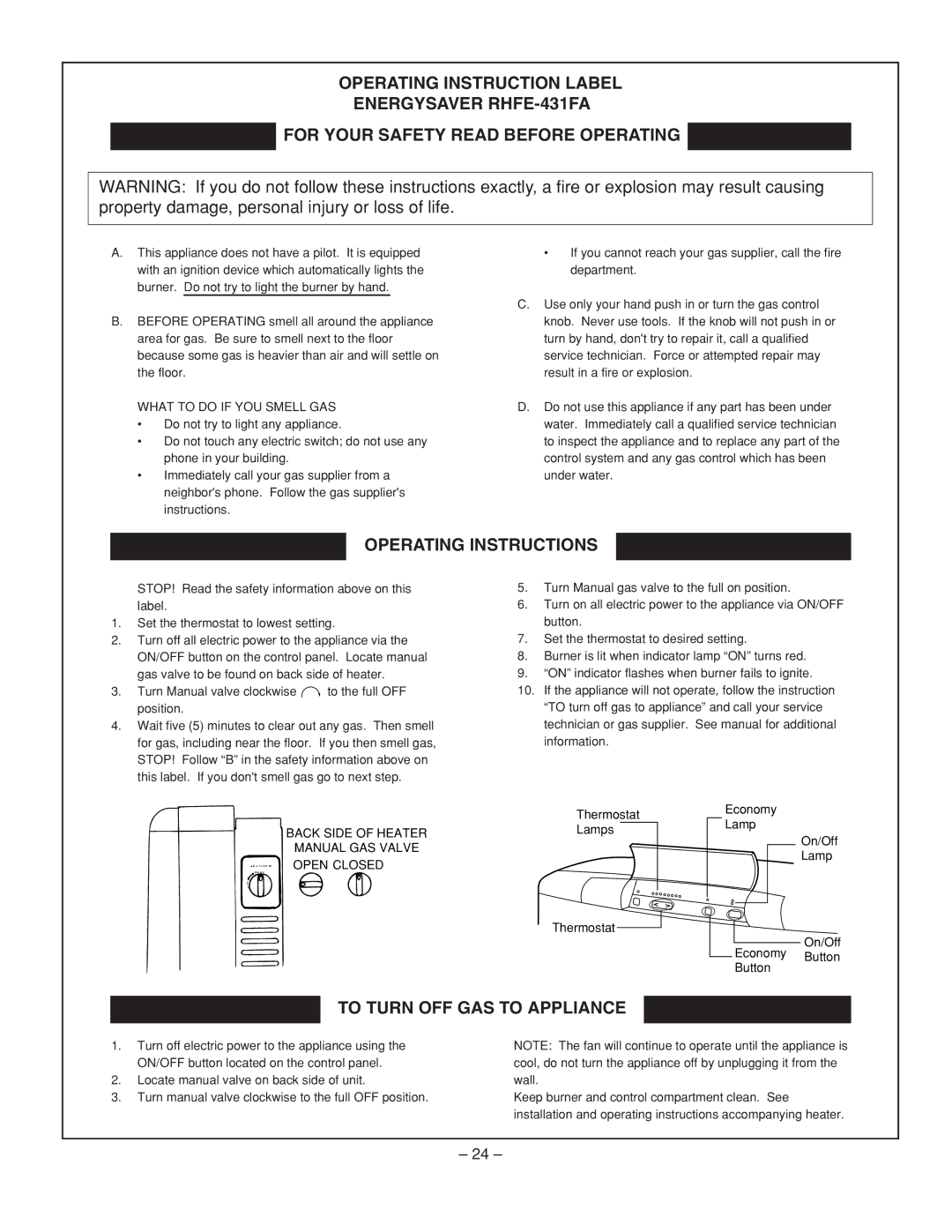 Rinnai RHFE-431FA installation manual Operating Instructions 