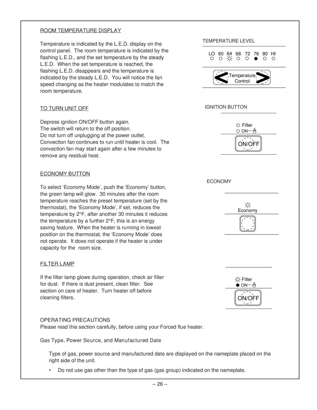 Rinnai RHFE-431FA Room Temperature Display, To Turn Unit OFF, Economy Button, Filter Lamp, Operating Precautions 