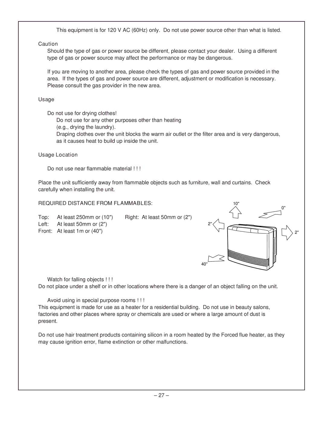 Rinnai RHFE-431FA installation manual Usage Location, Required Distance from Flammables 