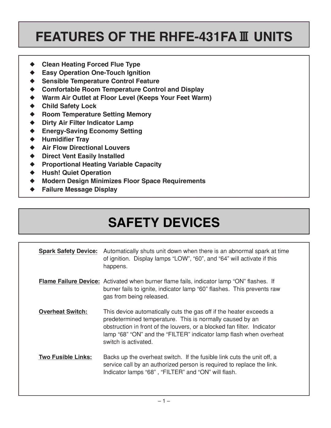 Rinnai installation manual Features of the RHFE-431FA Units, Safety Devices 