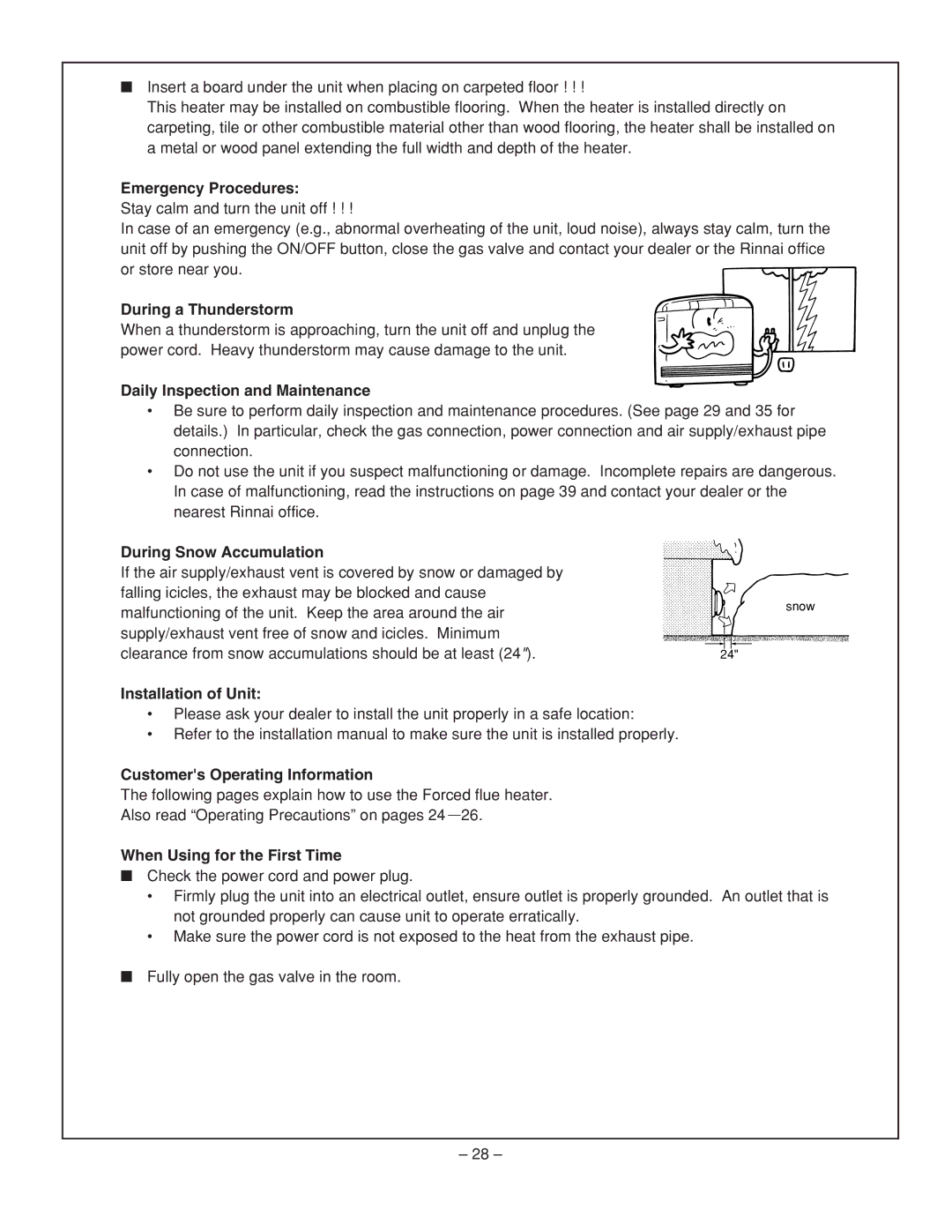 Rinnai RHFE-431FA Emergency Procedures, During a Thunderstorm, Daily Inspection and Maintenance, During Snow Accumulation 