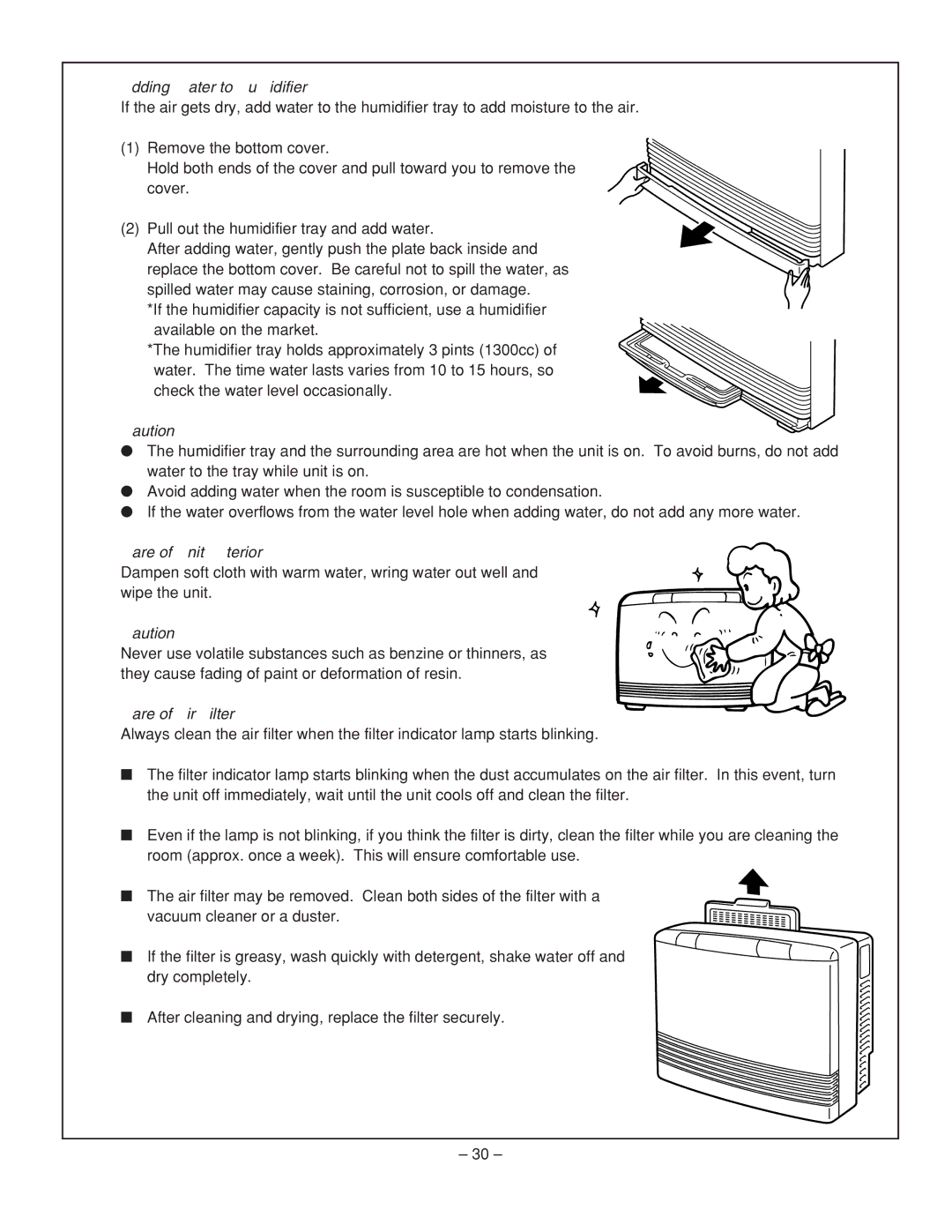 Rinnai RHFE-431FA installation manual Adding Water to Humidifier, Care of Unit Exterior, Care of Air Filter 