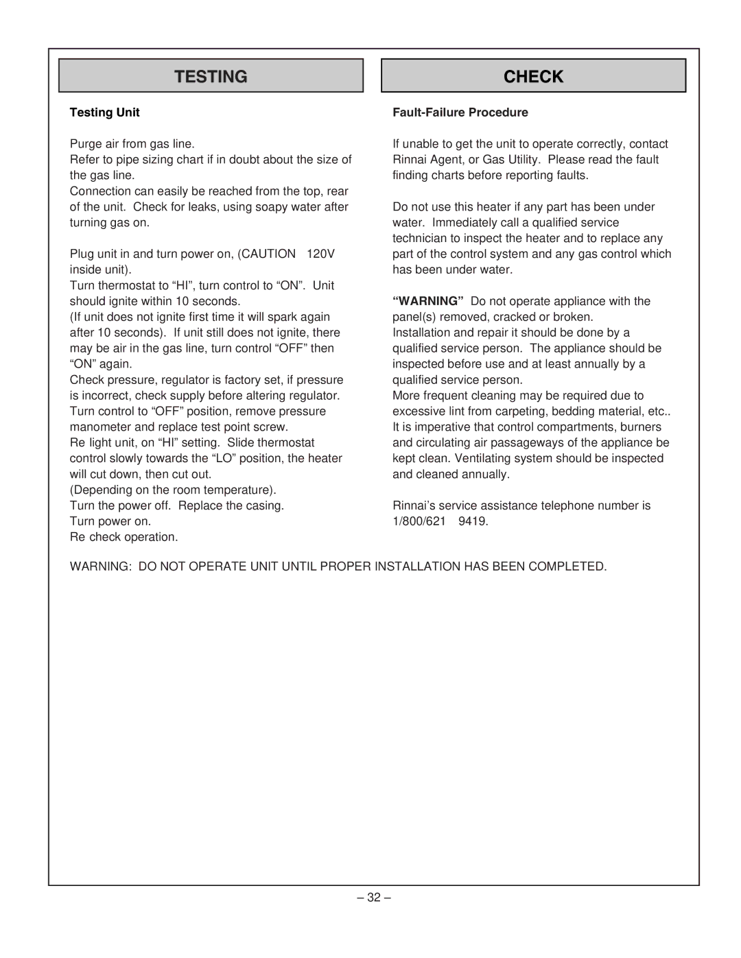 Rinnai RHFE-431FA installation manual Testing Unit, Fault-Failure Procedure 