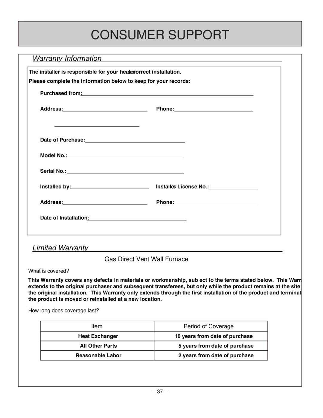 Rinnai RHFE-431FA installation manual Consumer Support, Warranty Information 