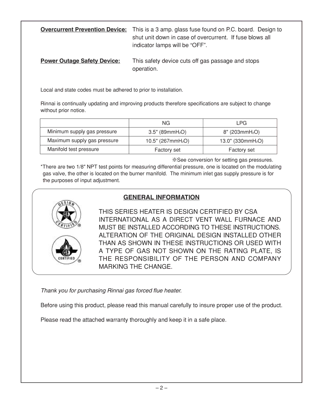 Rinnai RHFE-431FA installation manual General Information 