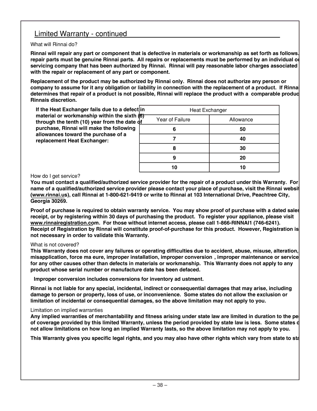 Rinnai RHFE-431FA installation manual Heat Exchanger Year of Failure Allowance 