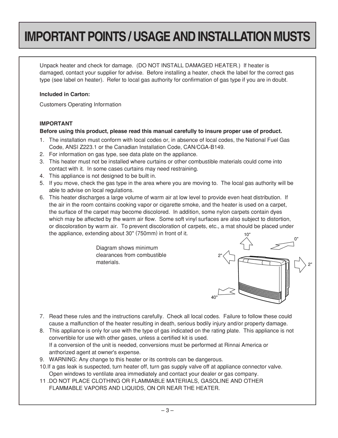 Rinnai RHFE-431FA installation manual Important Points / Usage and Installation Musts, Included in Carton 