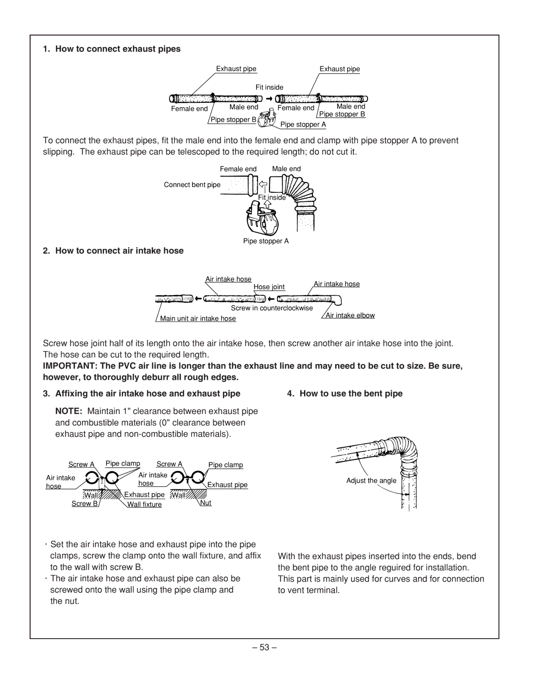 Rinnai RHFE-431FA How to connect exhaust pipes, How to connect air intake hose, How to use the bent pipe 