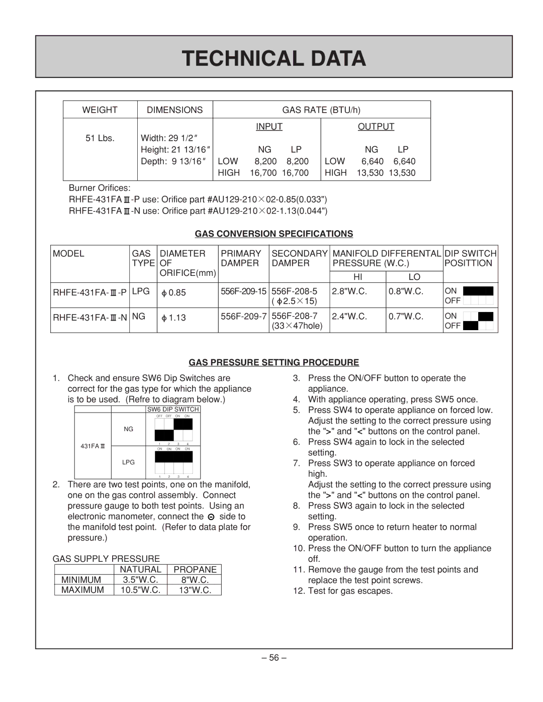 Rinnai RHFE-431FA installation manual Technical Data, GAS Conversion Specifications, GAS Pressure Setting Procedure 