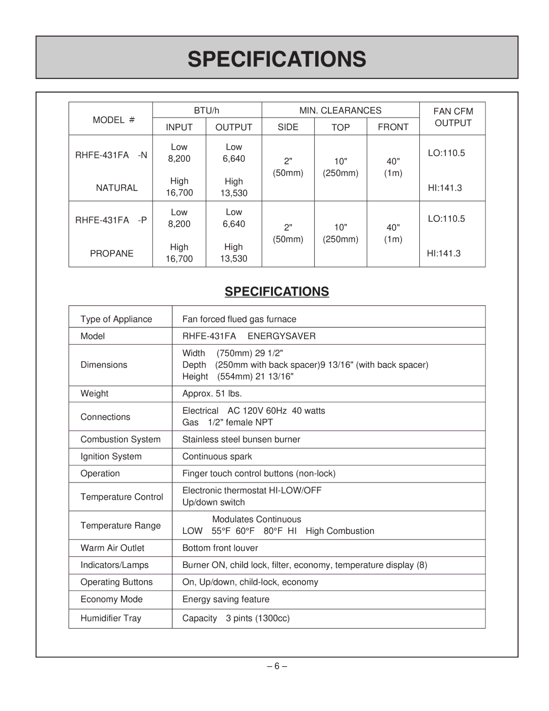 Rinnai RHFE-431FA installation manual Specifications 