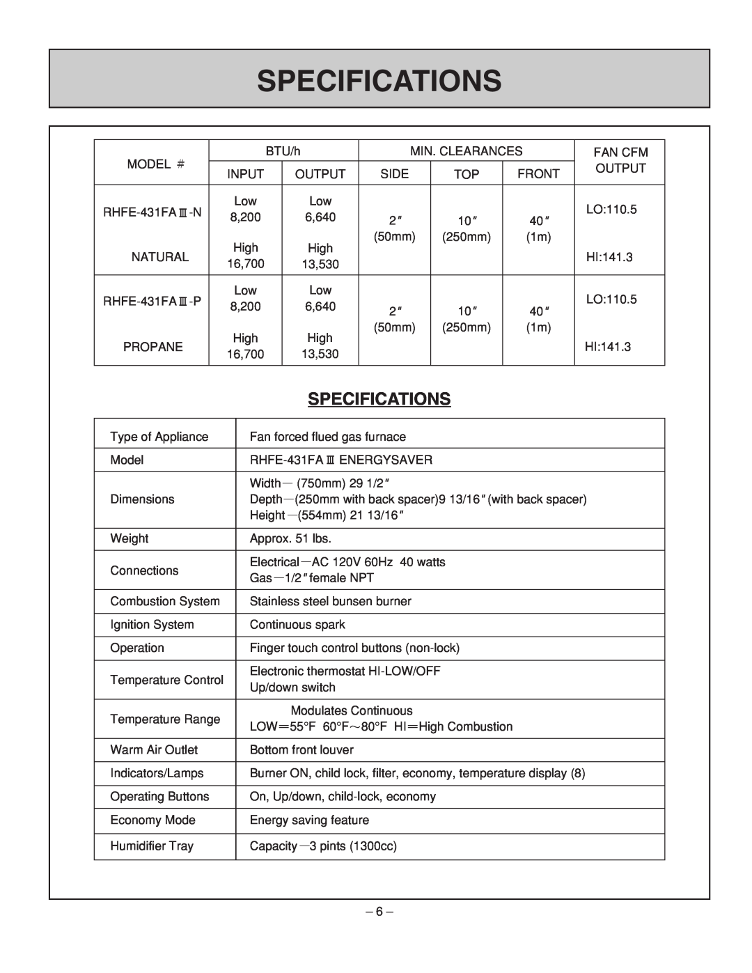 Rinnai RHFE-431FA installation manual Specifications 