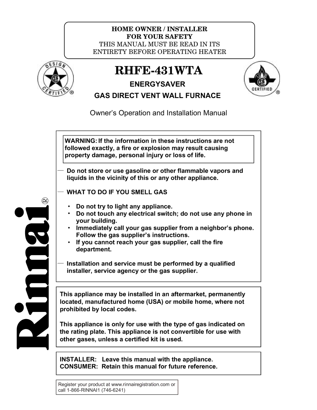 Rinnai RHFE-431WTA installation manual 