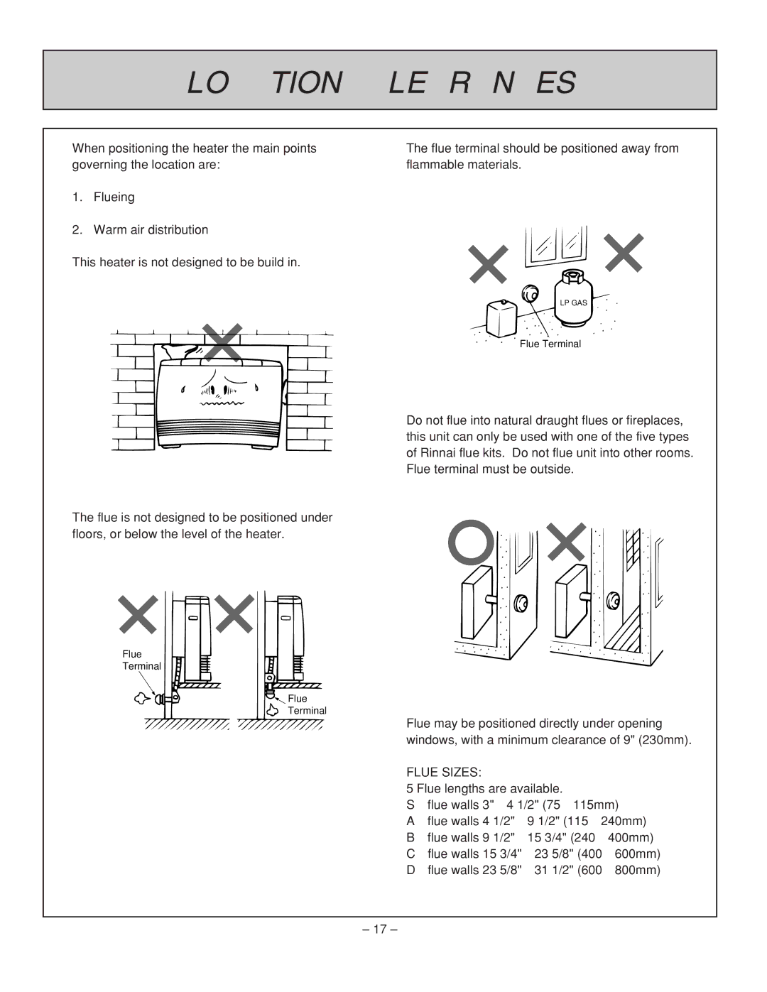 Rinnai RHFE-431WTA installation manual Location / Clearances, Flue Sizes 