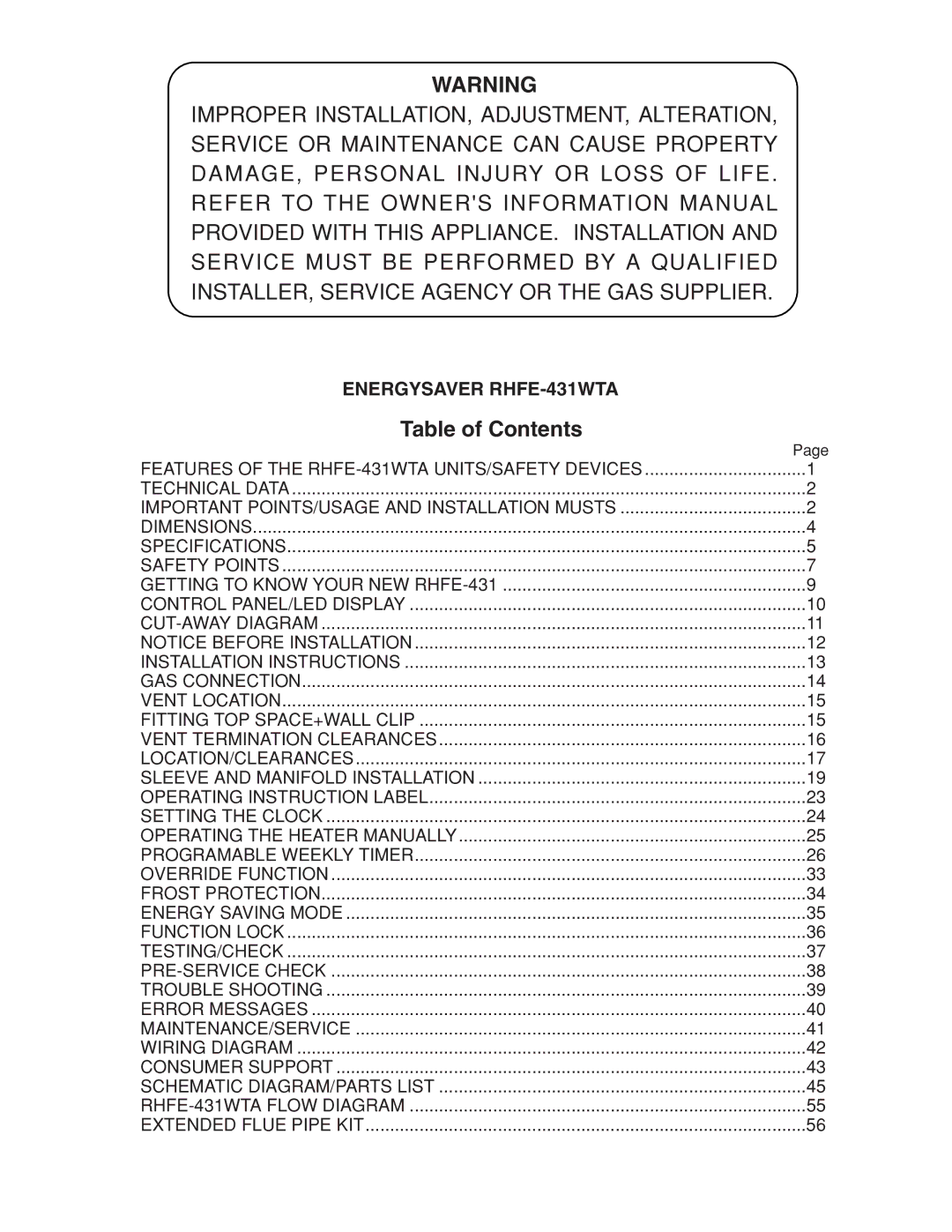 Rinnai RHFE-431WTA installation manual Table of Contents 