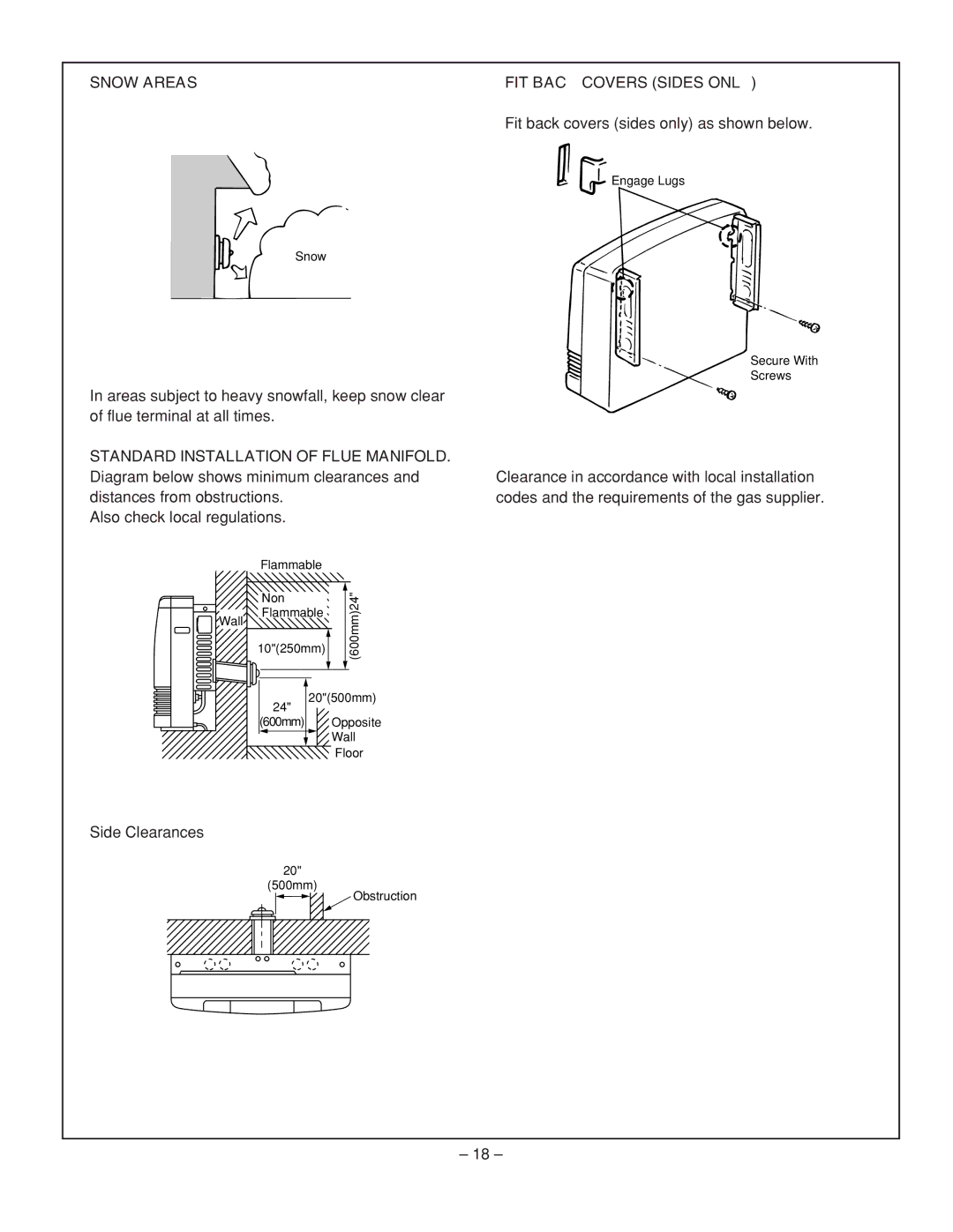 Rinnai RHFE-431WTA installation manual Snow Areas, Standard Installation of Flue Manifold, FIT Back Covers Sides only 