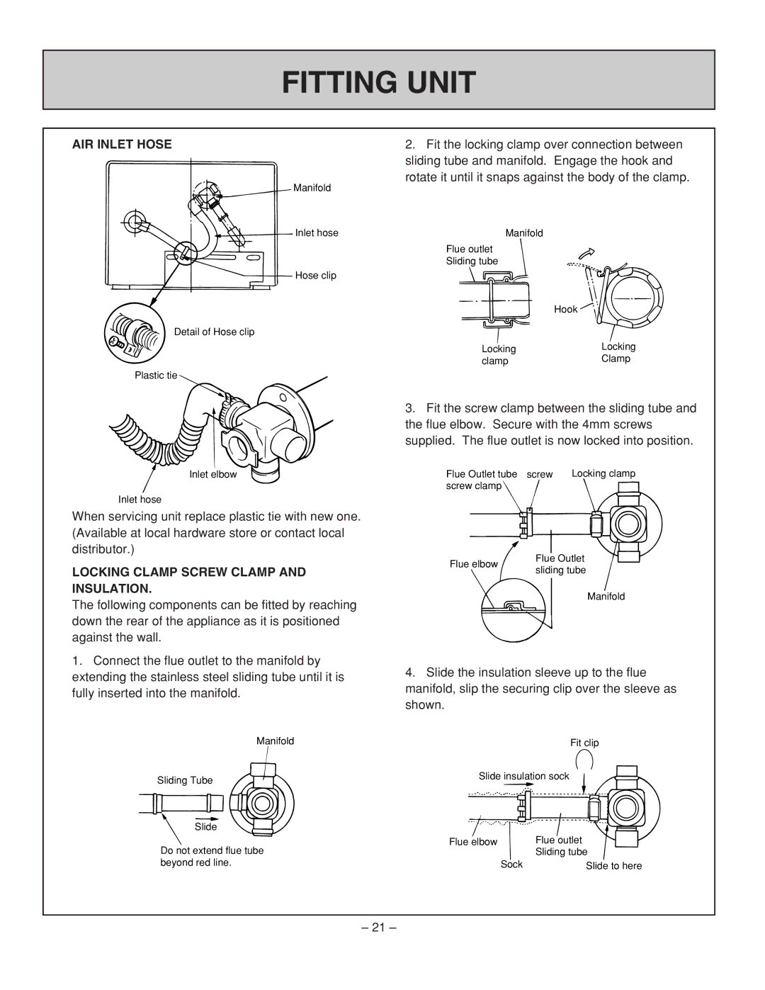 Rinnai RHFE-431WTA installation manual Fitting Unit, AIR Inlet Hose, Locking Clamp Screw Clamp and Insulation 