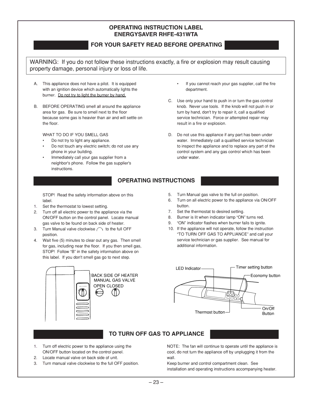 Rinnai RHFE-431WTA installation manual Operating Instructions 