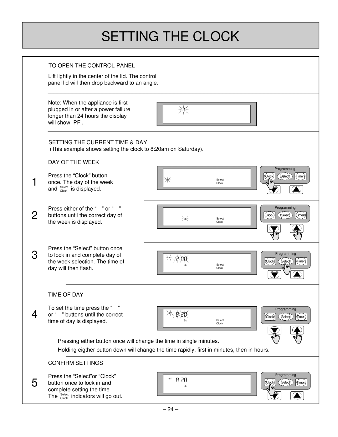 Rinnai RHFE-431WTA installation manual Setting the Clock, To Open the Control Panel, Setting the Current Time & DAY 