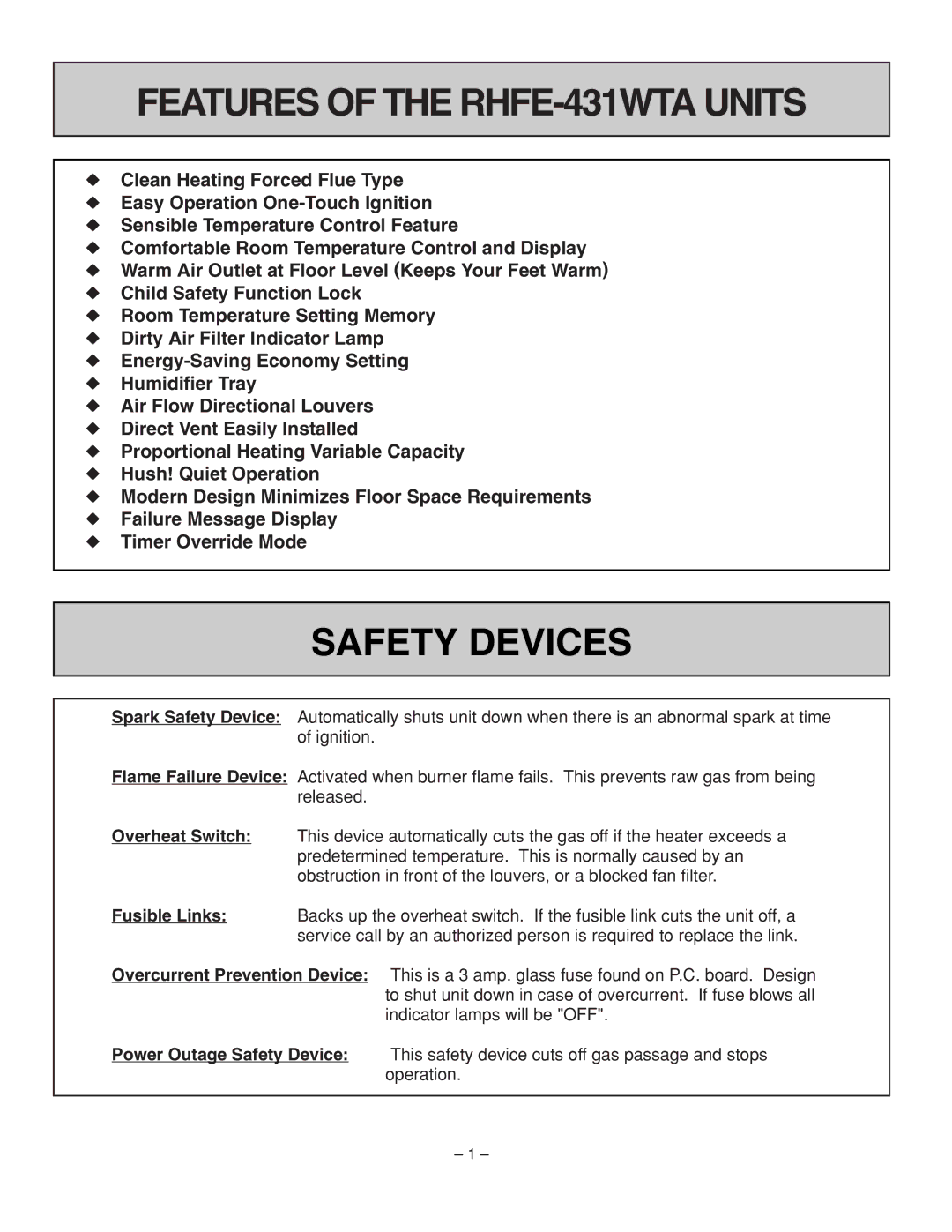 Rinnai installation manual Features of the RHFE-431WTA Units, Safety Devices 