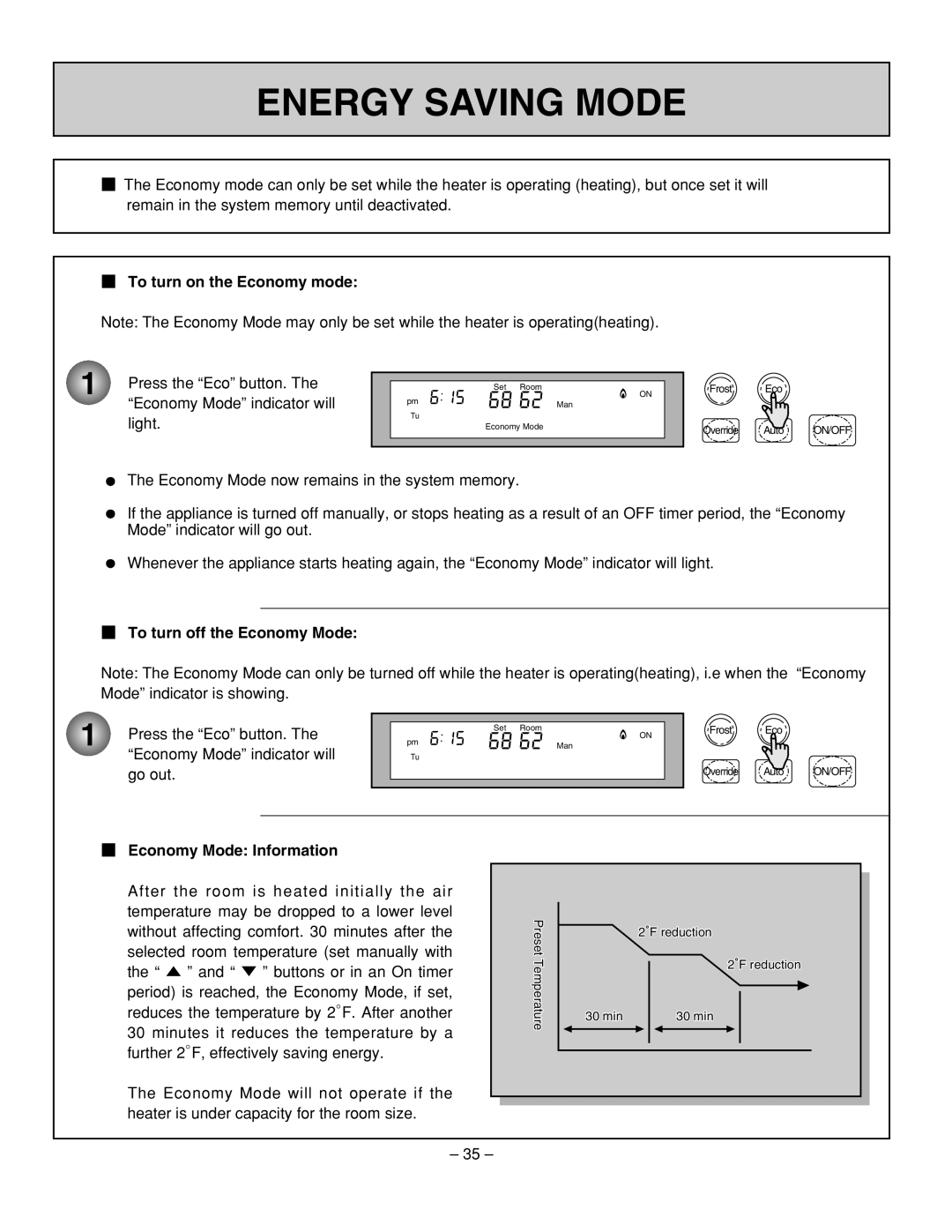 Rinnai RHFE-431WTA Energy Saving Mode, To turn on the Economy mode, To turn off the Economy Mode, Economy Mode Information 