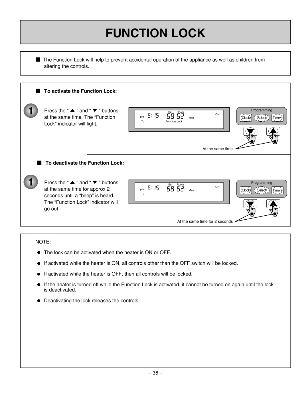 Rinnai RHFE-431WTA installation manual To activate the Function Lock, To deactivate the Function Lock 