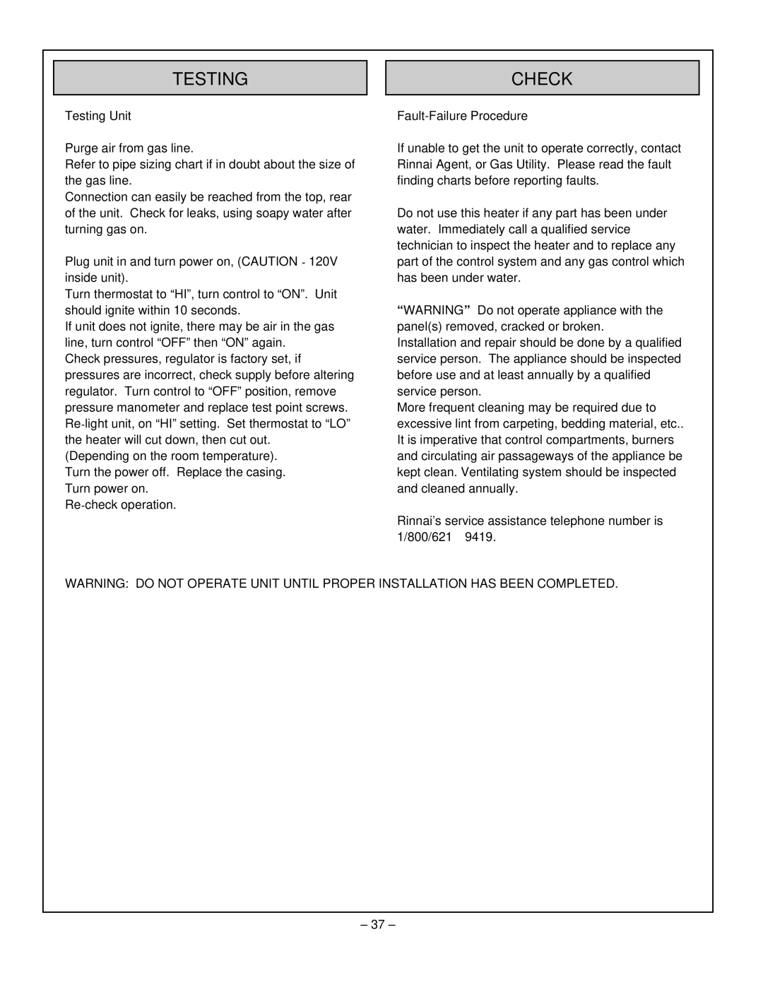 Rinnai RHFE-431WTA installation manual Testing Unit, Fault-Failure Procedure 