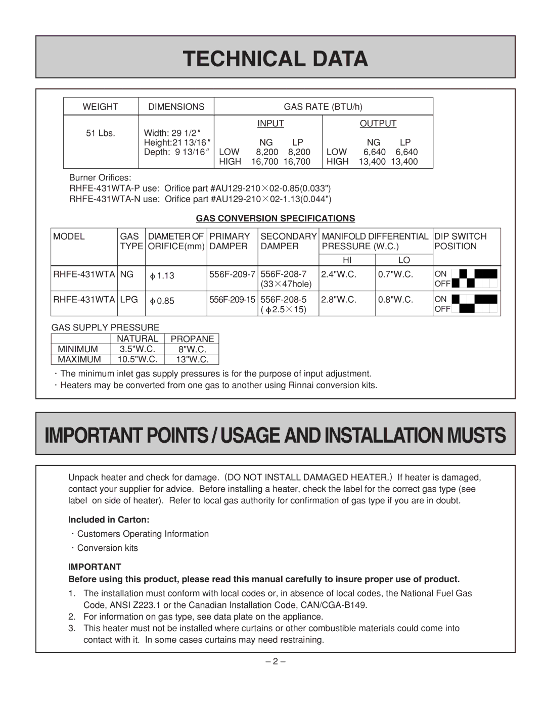 Rinnai RHFE-431WTA installation manual Technical Data, GAS Conversion Specifications, Included in Carton 