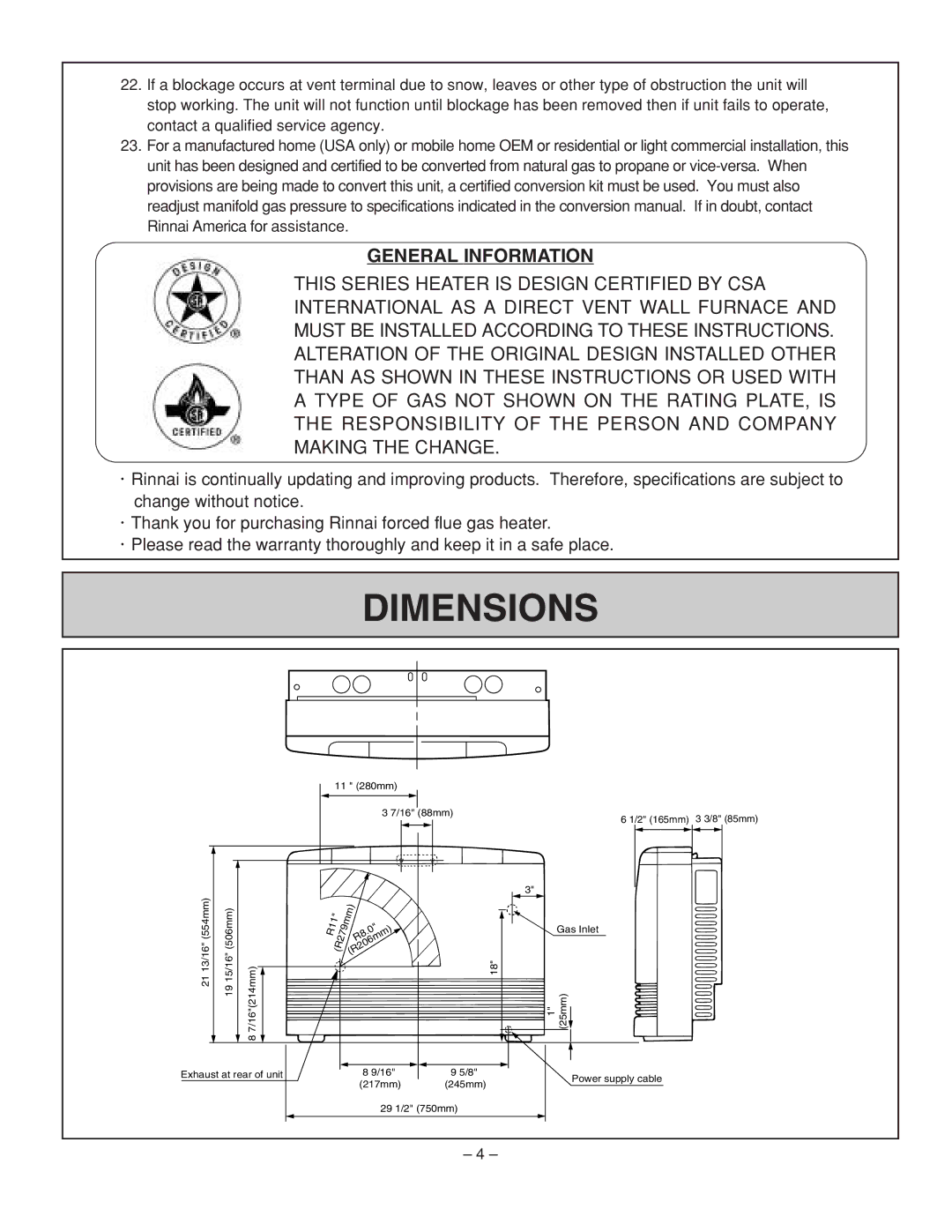 Rinnai RHFE-431WTA installation manual Dimensions, General Information 