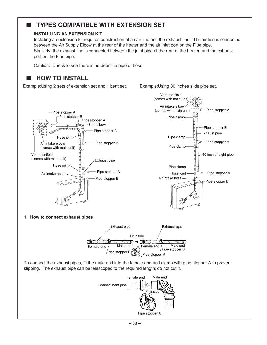 Rinnai RHFE-431WTA installation manual Installing AN Extension KIT, How to connect exhaust pipes 