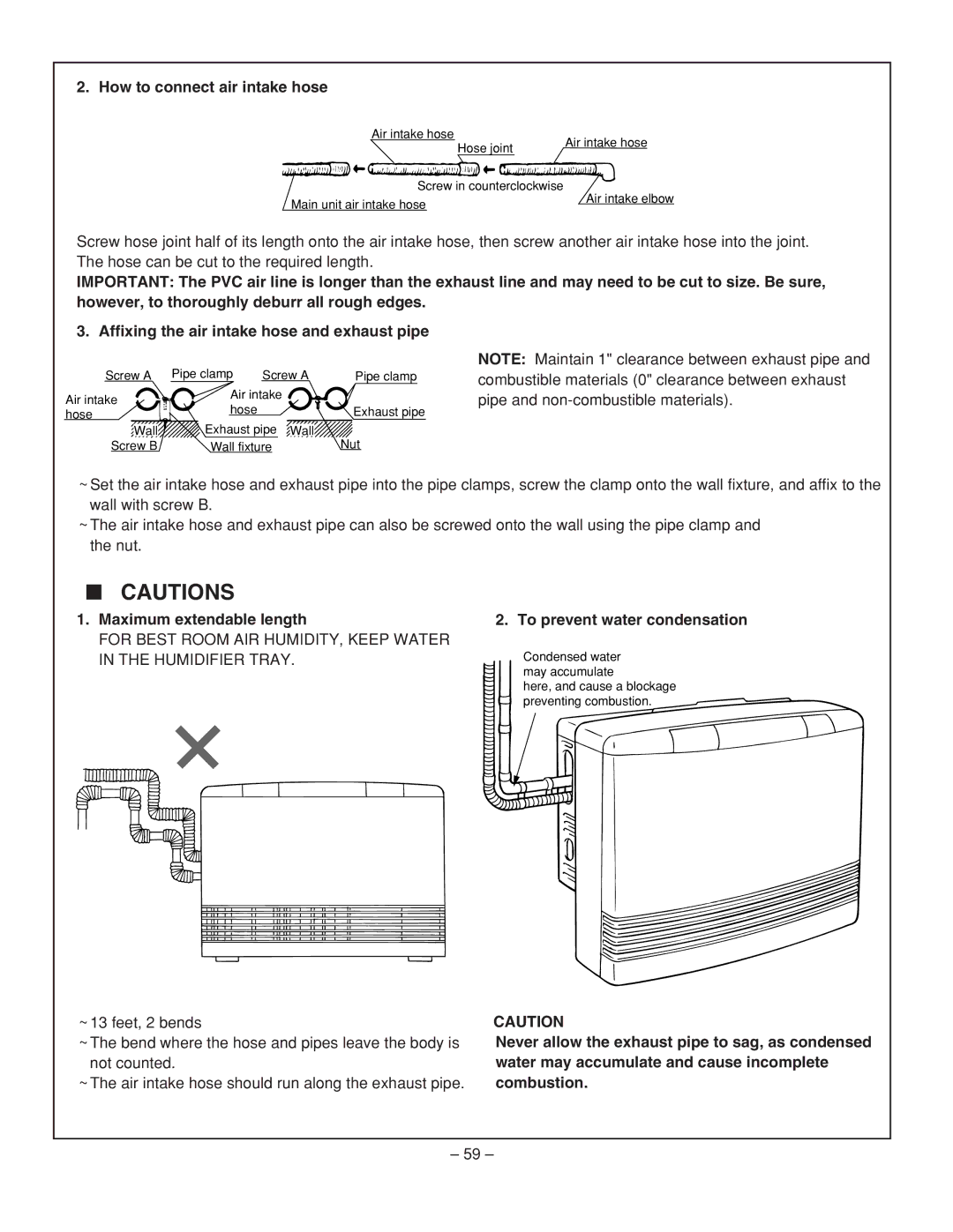 Rinnai RHFE-431WTA How to connect air intake hose, Maximum extendable length, To prevent water condensation 