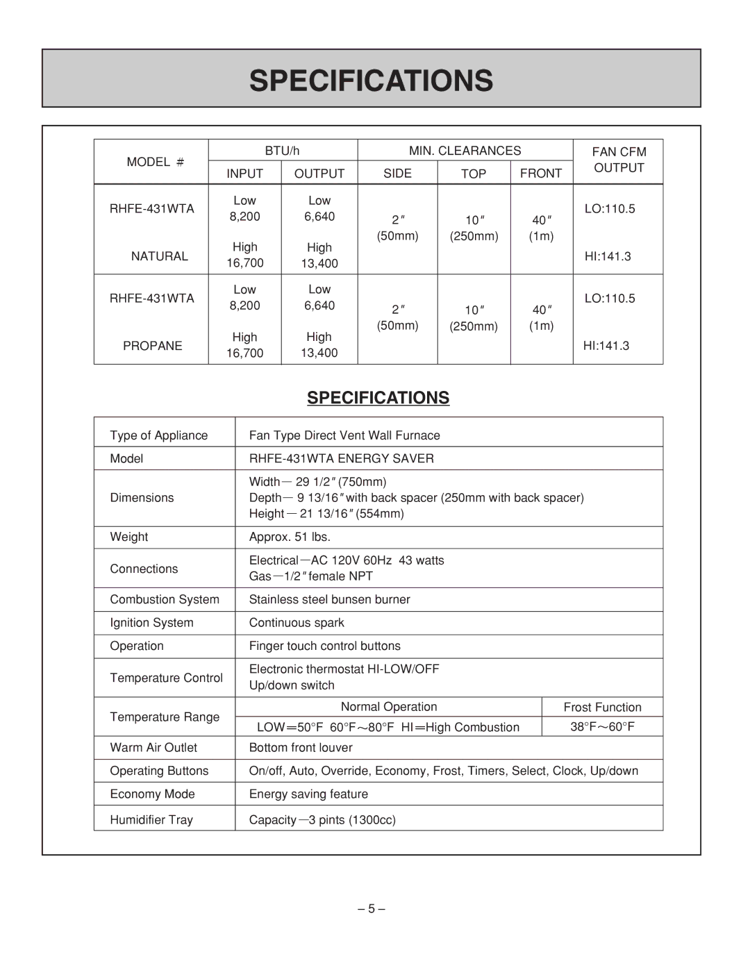 Rinnai RHFE-431WTA installation manual Specifications 