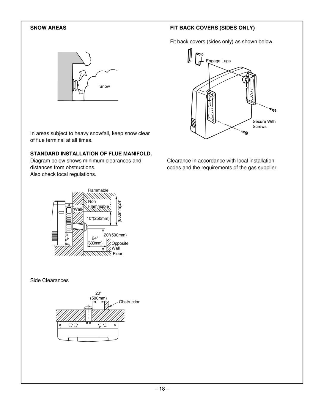 Rinnai RHFE-431WTA installation manual Snow Areas, Standard Installation Of Flue Manifold, Fit Back Covers Sides Only 