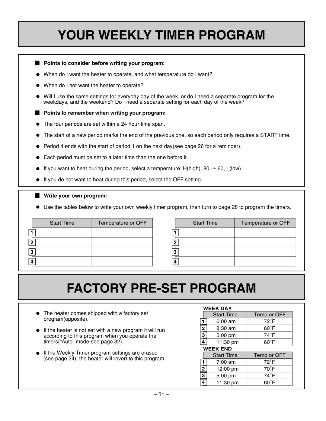 Rinnai RHFE-431WTA Your Weekly Timer Program, Factory Pre-Setprogram, Points to consider before writing your program, 1 2 