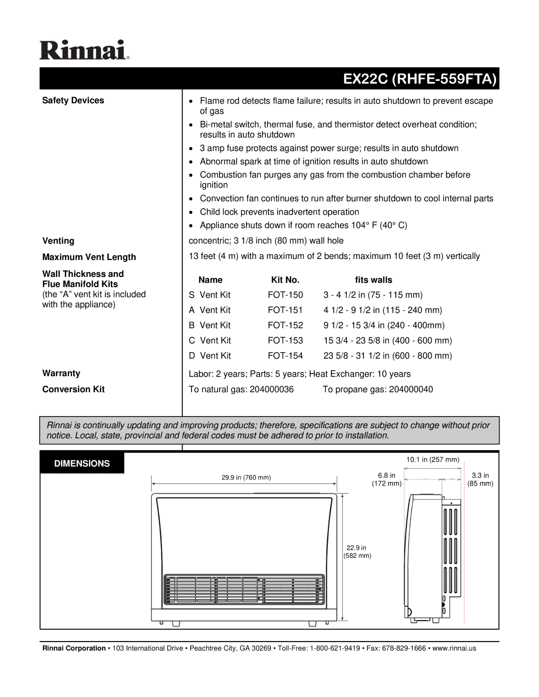 Rinnai RHFE-559FTA-A-P, RHFE-559FTA-A-N manual Warranty Conversion Kit, Name Kit No Fits walls, Dimensions 