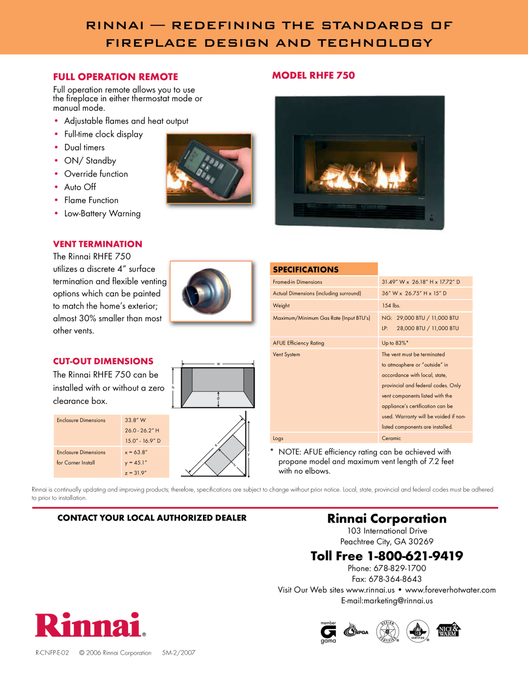 Rinnai RHFE 750 manual Full operation remote, Cut-Out dimensions 