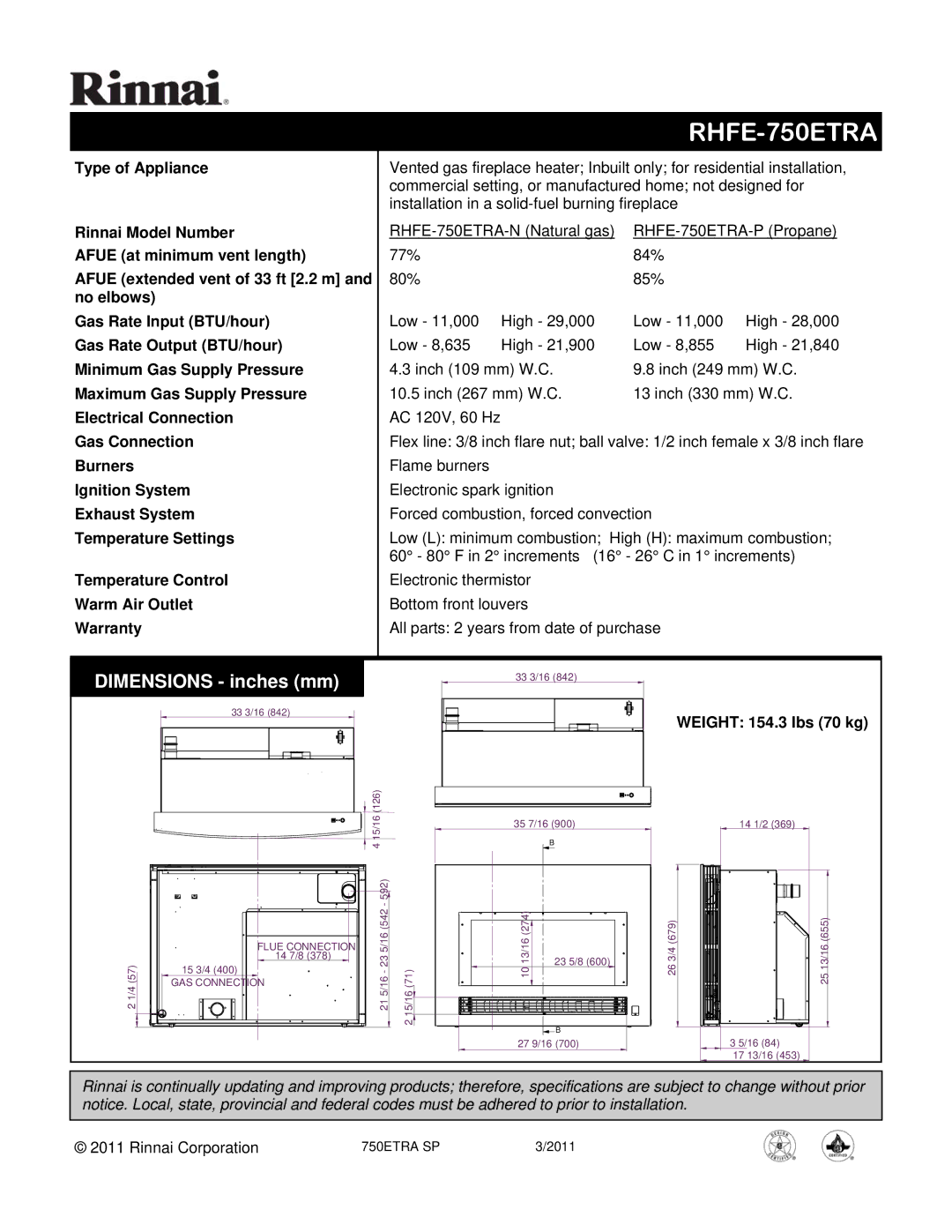 Rinnai RHFE-750ETRA-N, RHFE-750ETRA-P dimensions 