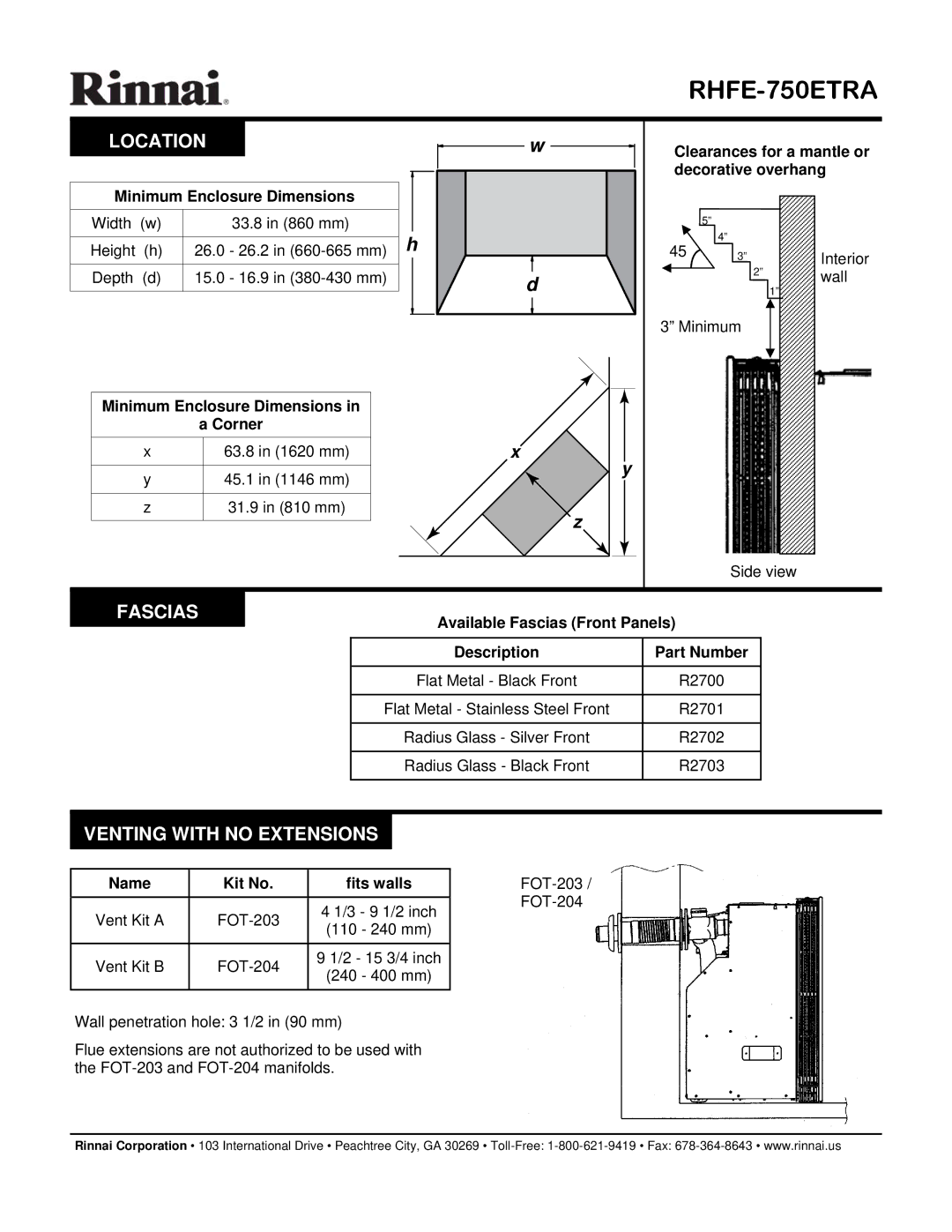 Rinnai RHFE-750ETRA-P, RHFE-750ETRA-N dimensions Location, Fascias, Venting with no Extensions 