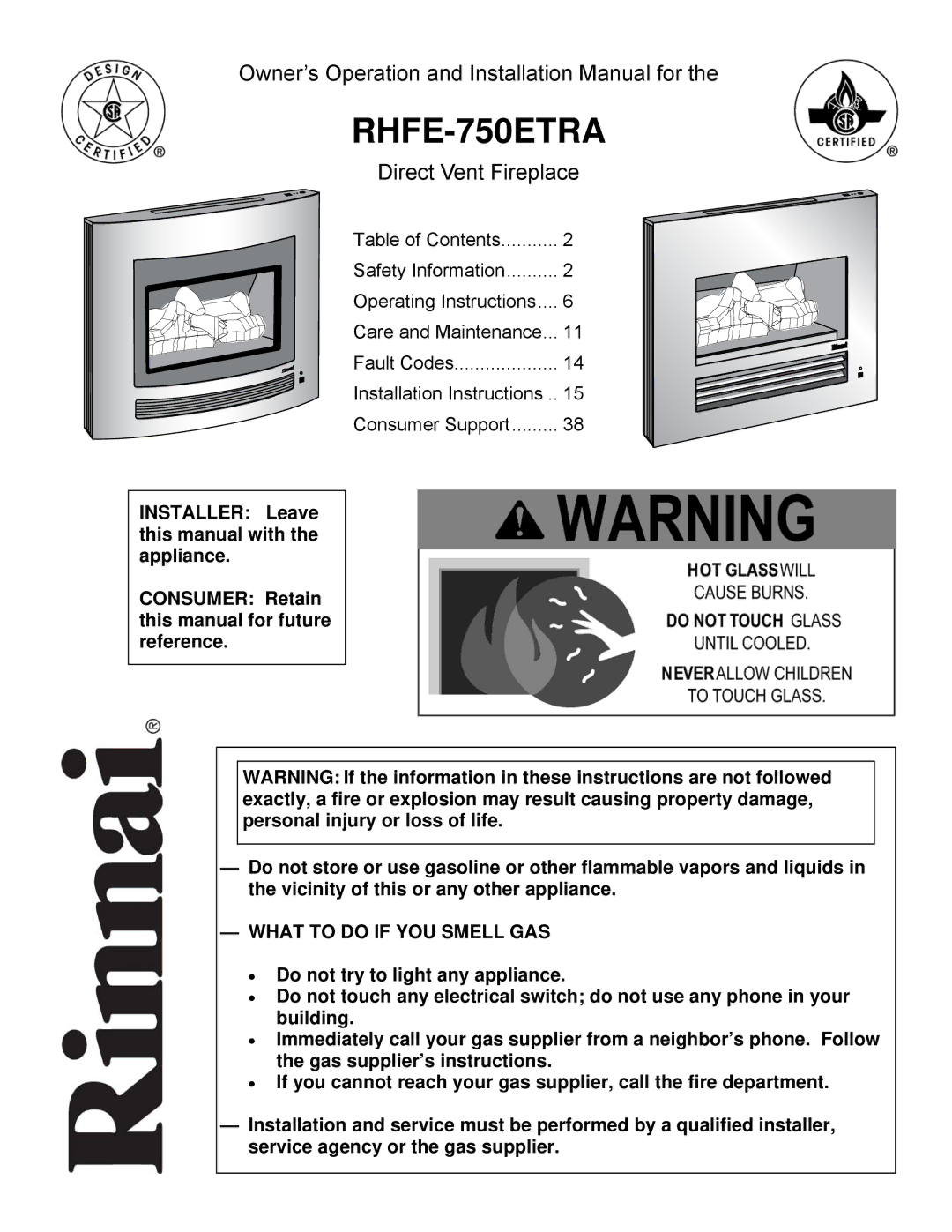 Rinnai RHFE-750ETRA installation manual 