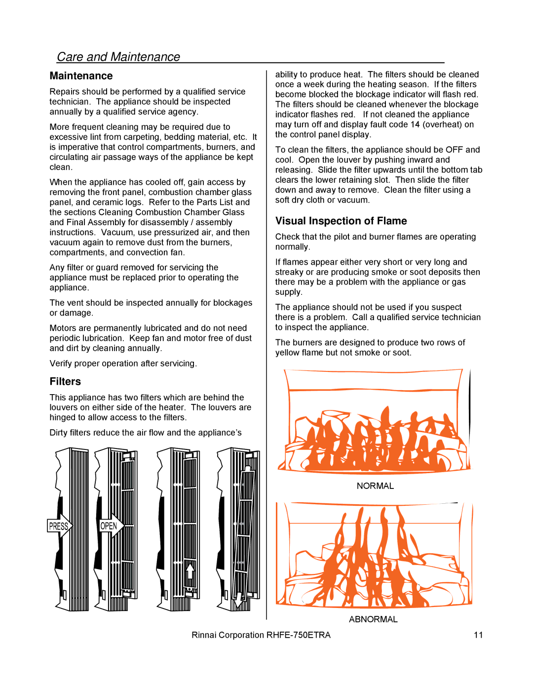 Rinnai RHFE-750ETRA installation manual Care and Maintenance, Filters, Visual Inspection of Flame 