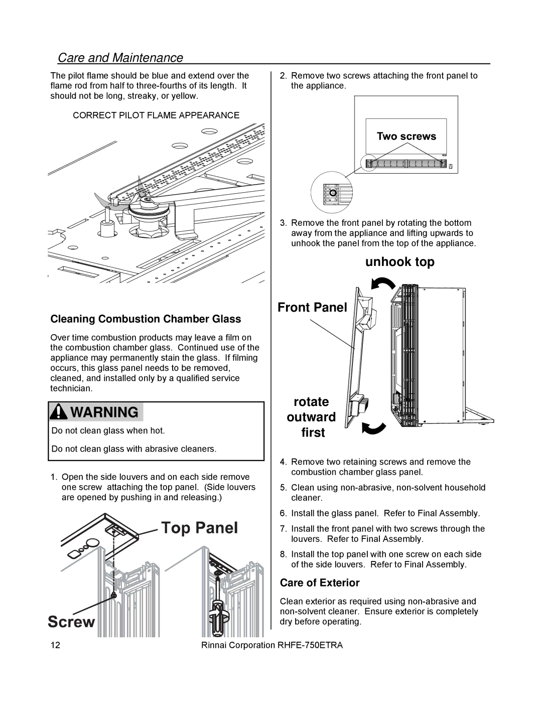 Rinnai RHFE-750ETRA installation manual Cleaning Combustion Chamber Glass, Care of Exterior 